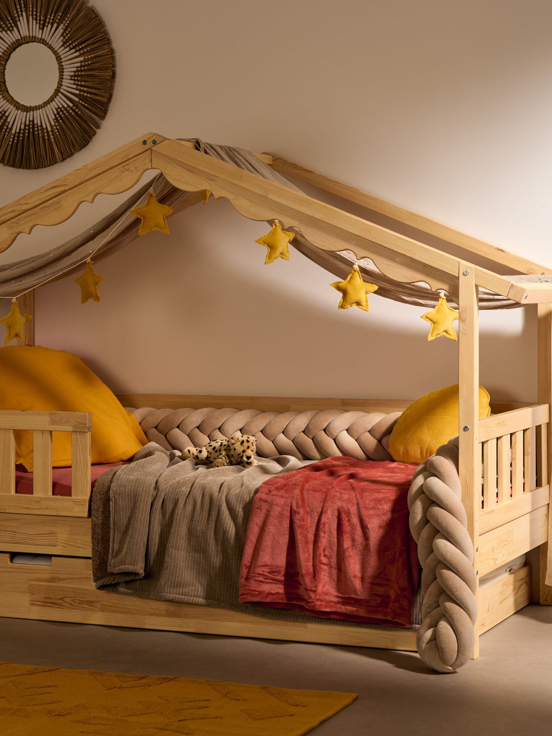 Chamonix terracotta bedroom, natural lifestyle children's bed rail, hidden inverted for thick mattresses.