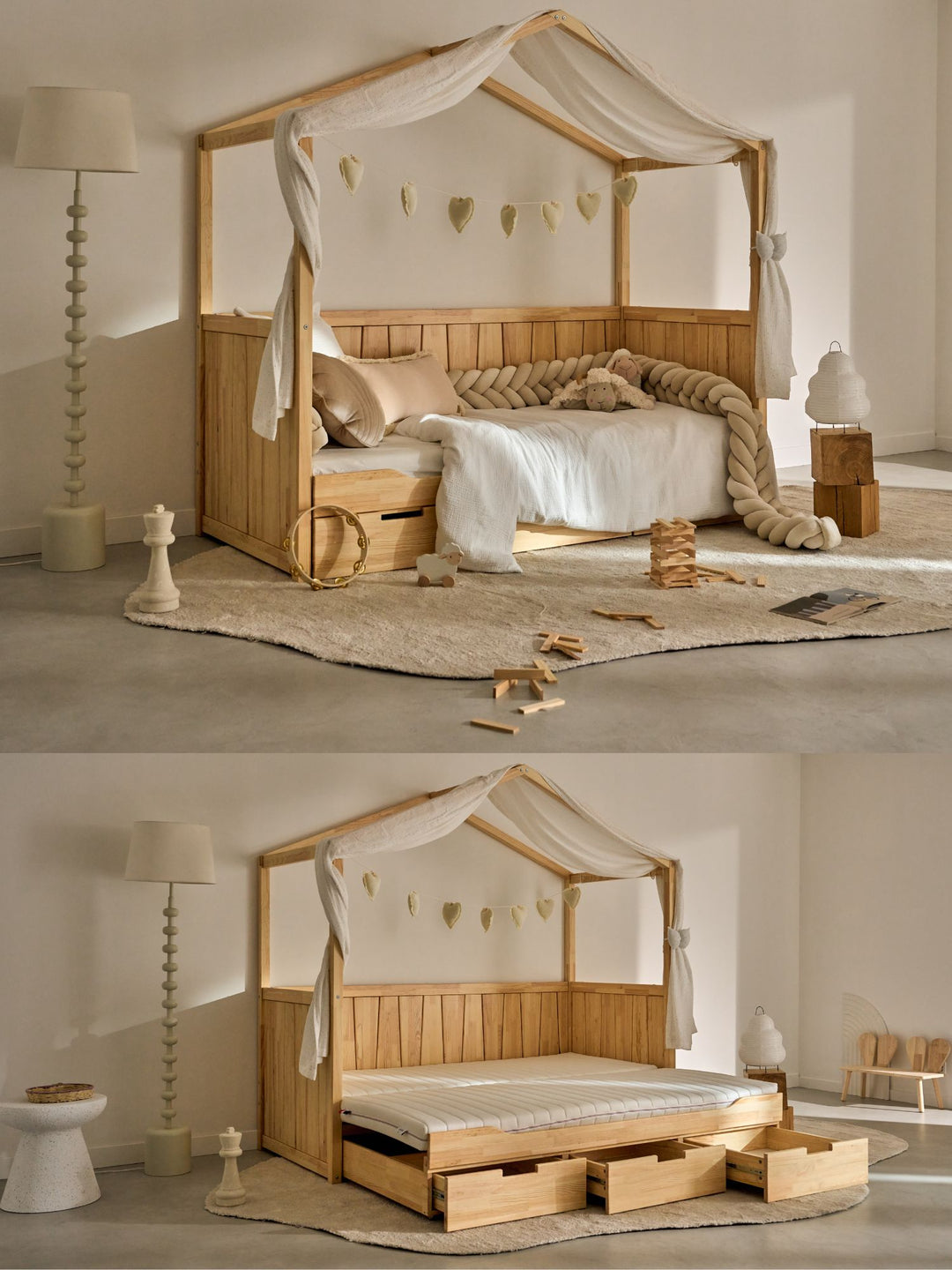 White Calvi children's cabin bed with pull-out drawers and ladder, perfect for bedroom.