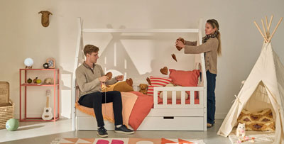 Manufacturer children's cabin bed 190x90 with white slide, natural wood, and custom ladder.