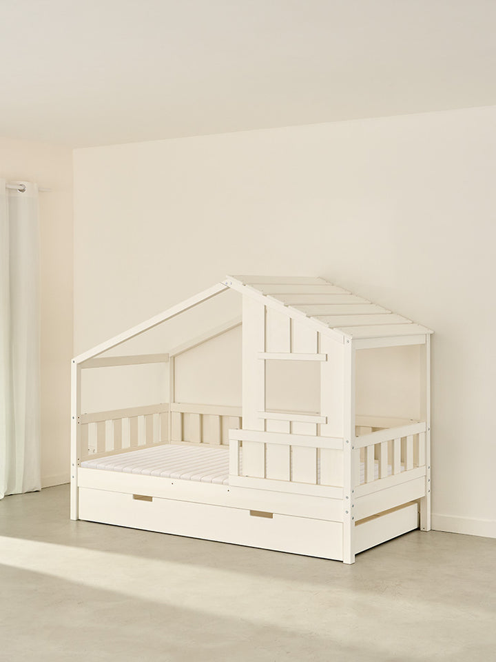 Lit cabane enfant SHERWOOD blanc avec tiroir de rangement, design moderne, idéal chambre garçon ou fille.