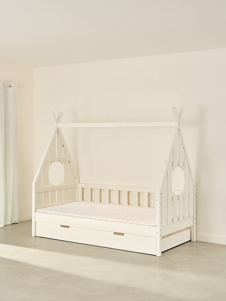 Lit cabane enfant Dakota blanc en bois avec tiroir de rangement, idéal chambre garçon ou fille.