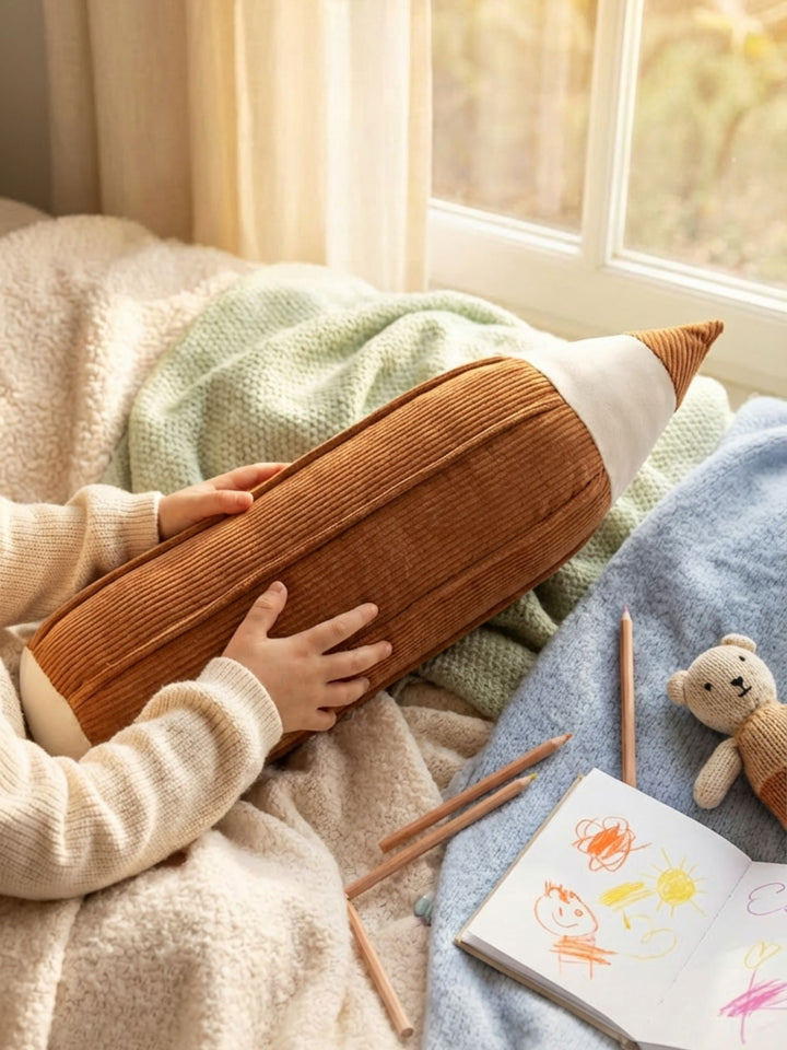 Coussin déco chambre d'enfant en forme de crayon, couleur cannelle