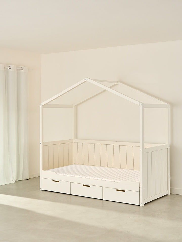 Lit cabane enfant gigogne blanc CALVI avec sommier, tiroir et deux couchages pour chambre fille ou garçon.