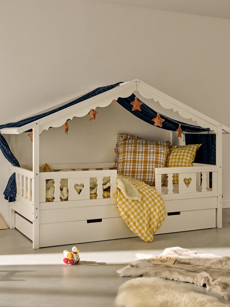 Lit Enfant Cabane En Bois Massif Pin – 90x190 Cm – Avec 2 Tiroirs Et Sommier – Blanc (matelas Non Inclus)