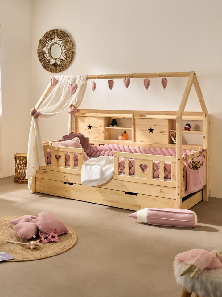 Lit cabane enfant Brooklyn 90x190 au toit inversé, finition bois naturel
