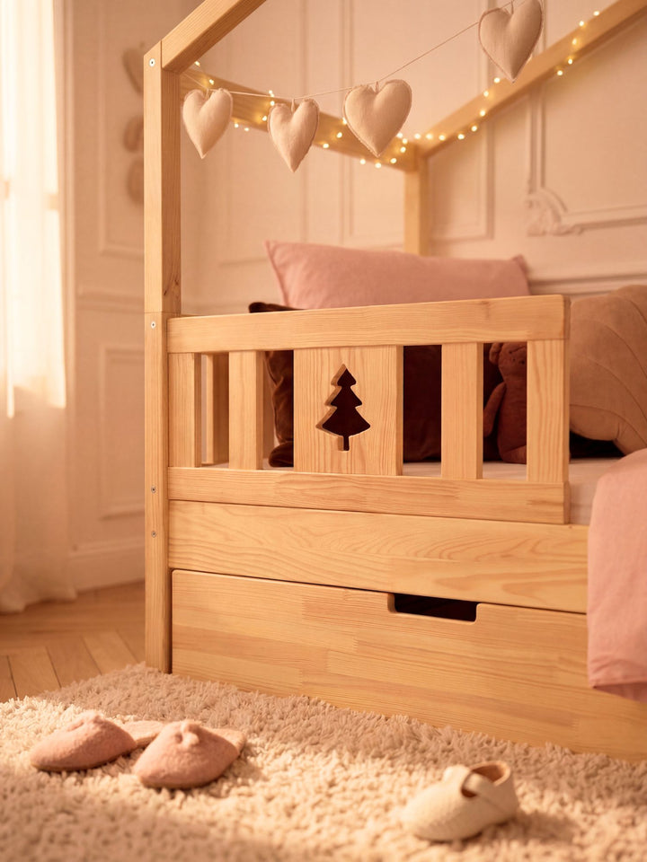 Bébé Paris Enfant Naturel sur barrière de sécurité de lit en bois sapin, style lifestyle.