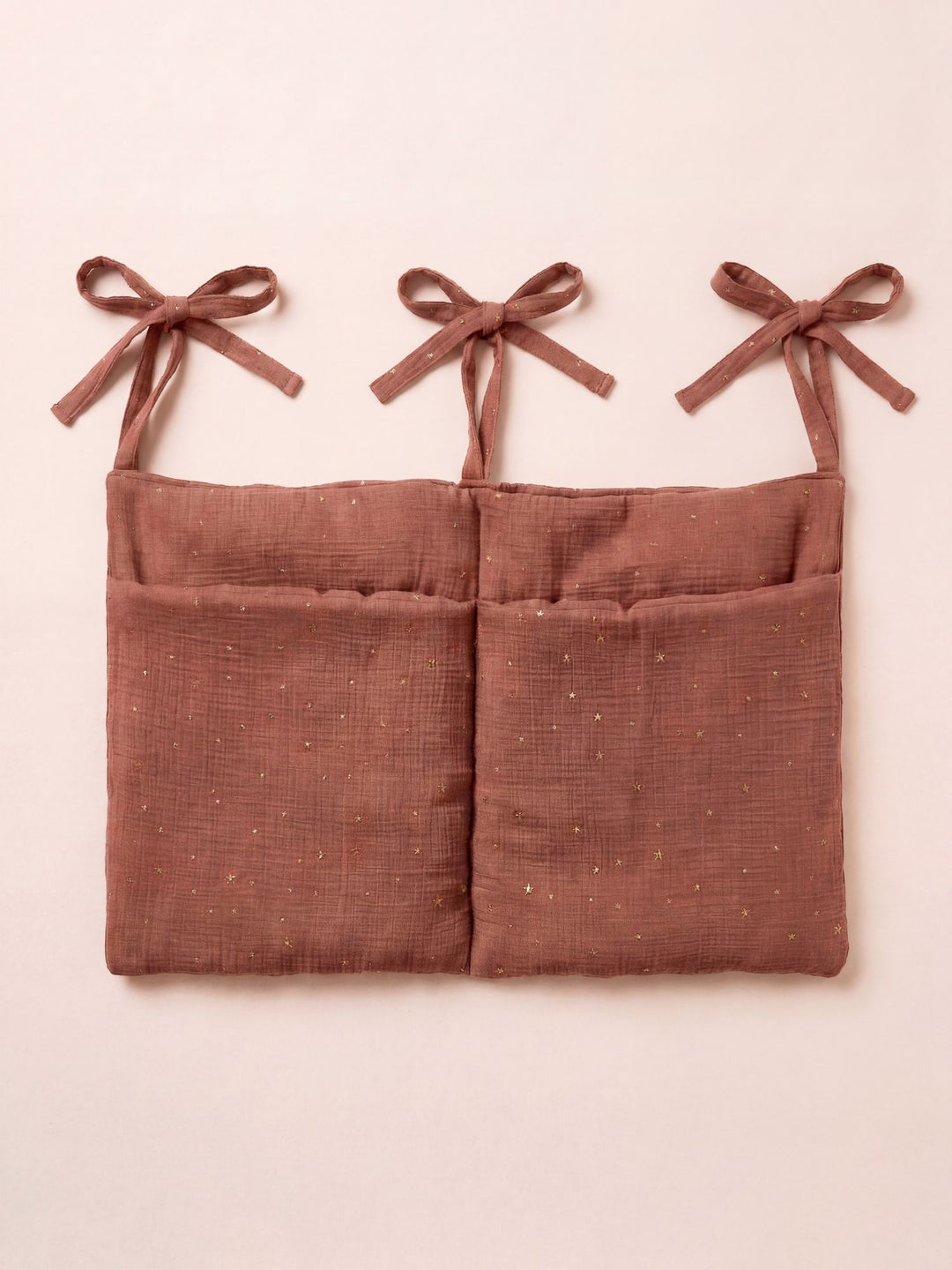 Pochette de rangement Cabania camel à pois dorés, accessoire élégant pour vanity ou sac à main, coton imprimé.