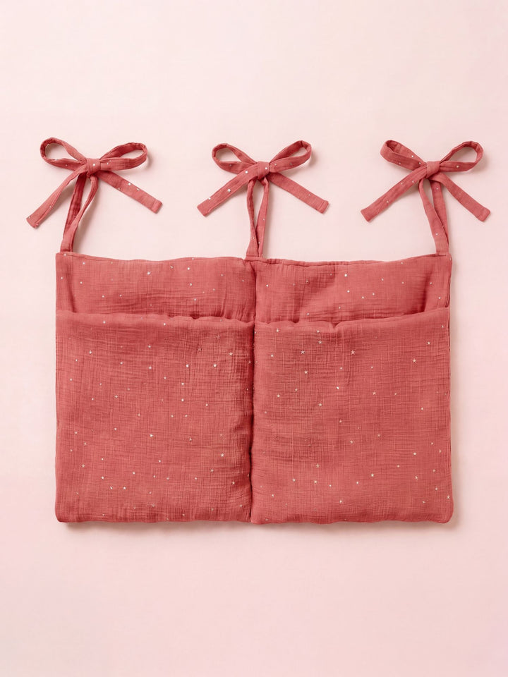 Pochette cabas en toile corail à pois dorés, rangement élégant et girly pour accessoires ou maquillage.