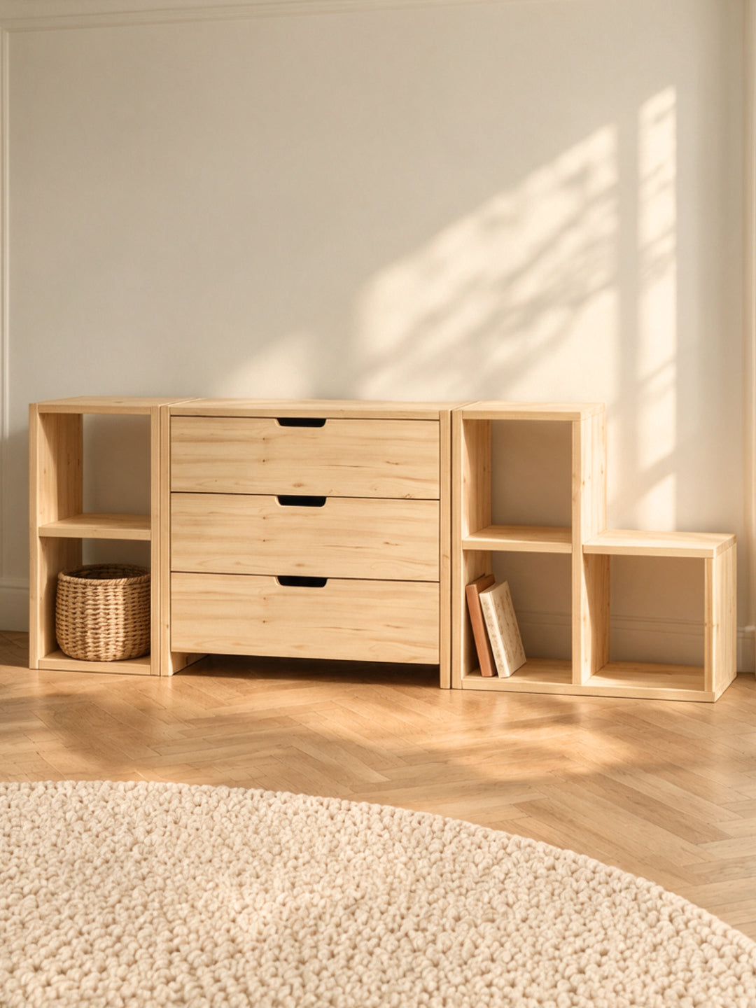Combo L'Atelier Cabania : rangement bas avec commode 3 tiroirs et cases en pin massif
