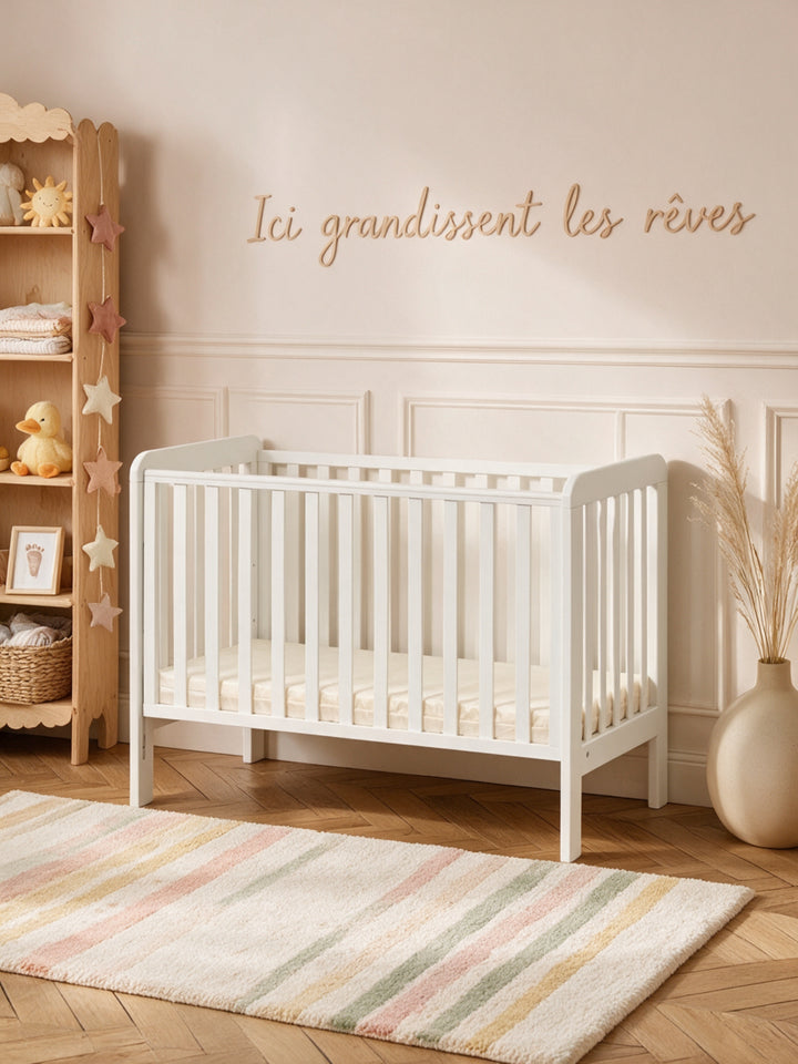#global Lit bébé Capri 60x120 cm finition blanc dans une chambre bébé avec tapis rayé