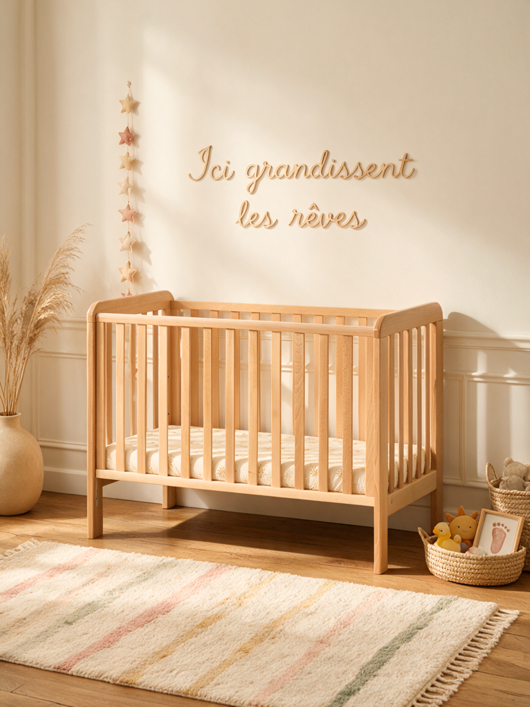 #global Lit bébé Capri 60x120 cm en hêtre naturel, lit à barreaux dans une chambre bébé aux tons doux