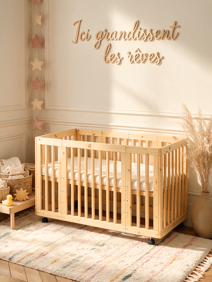 Lit bébé évolutif Kokomo 7-en-1 en pin massif, format 140x70 cm sur roulettes, dans une chambre bébé