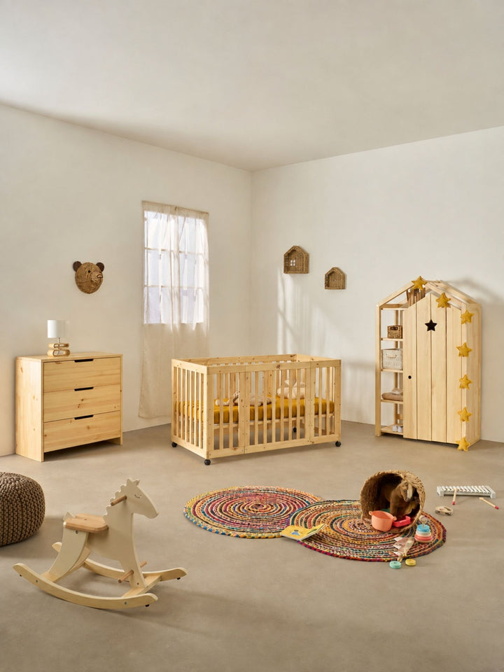 Chambre bébé complète avec lit Kokomo, commode 3 tiroirs, armoire cabane et cheval à bascule