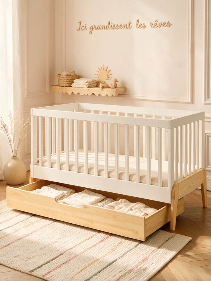 #global Lit bébé Piana 70x140 cm blanc et pin massif avec tiroir de rangement ouvert, vu de face