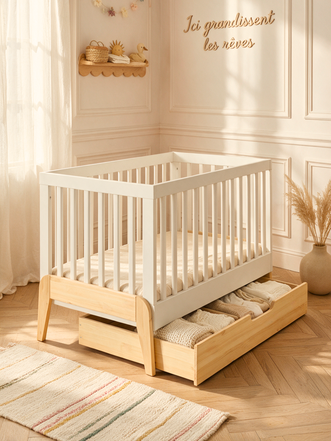 #global Lit bébé avec tiroir Piana vu de trois quarts, barreaux blancs et pieds en bois naturel