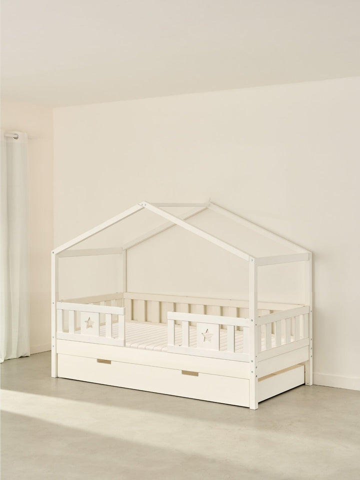 Lit cabane enfant blanc Paris cabania avec 2 barrières étoile et tiroir lit intégré. Chambre évolutive.