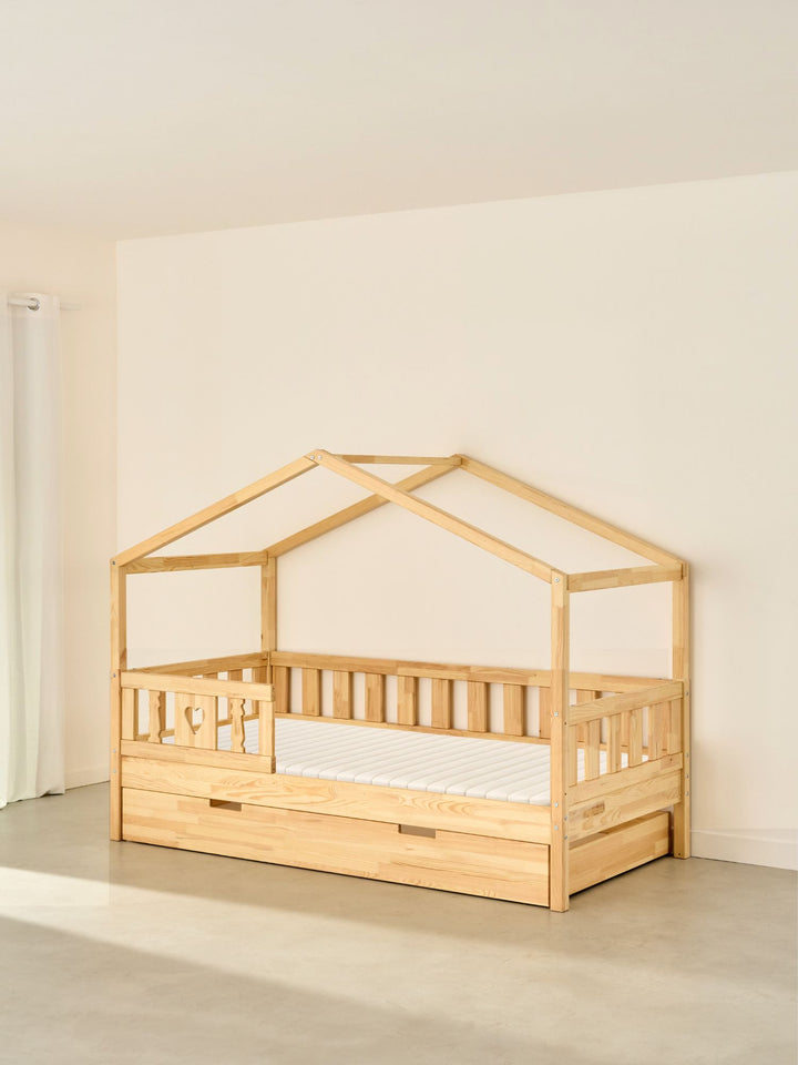Lit cabane enfant Paris Cabania bois naturel, 1 barrière cœur, tiroir lit inclus. Idéal chambre bébé/enfant.