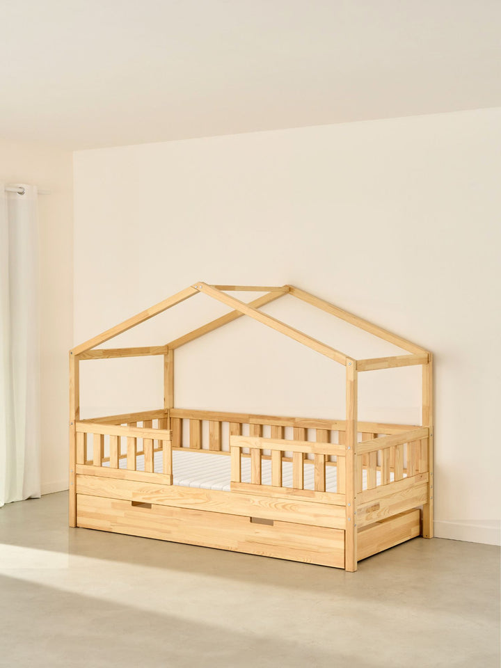 Lit cabane enfant Paris Cabania bois naturel 2 barrières classiques tiroir lit, couchage Montessori écologique.