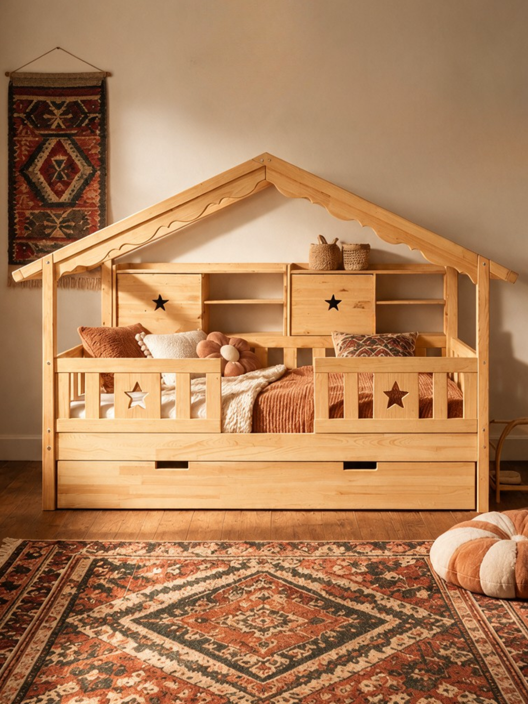 #global Lit cabane chalet Megève vu de face, barrières étoile et rangements muraux en bois naturel