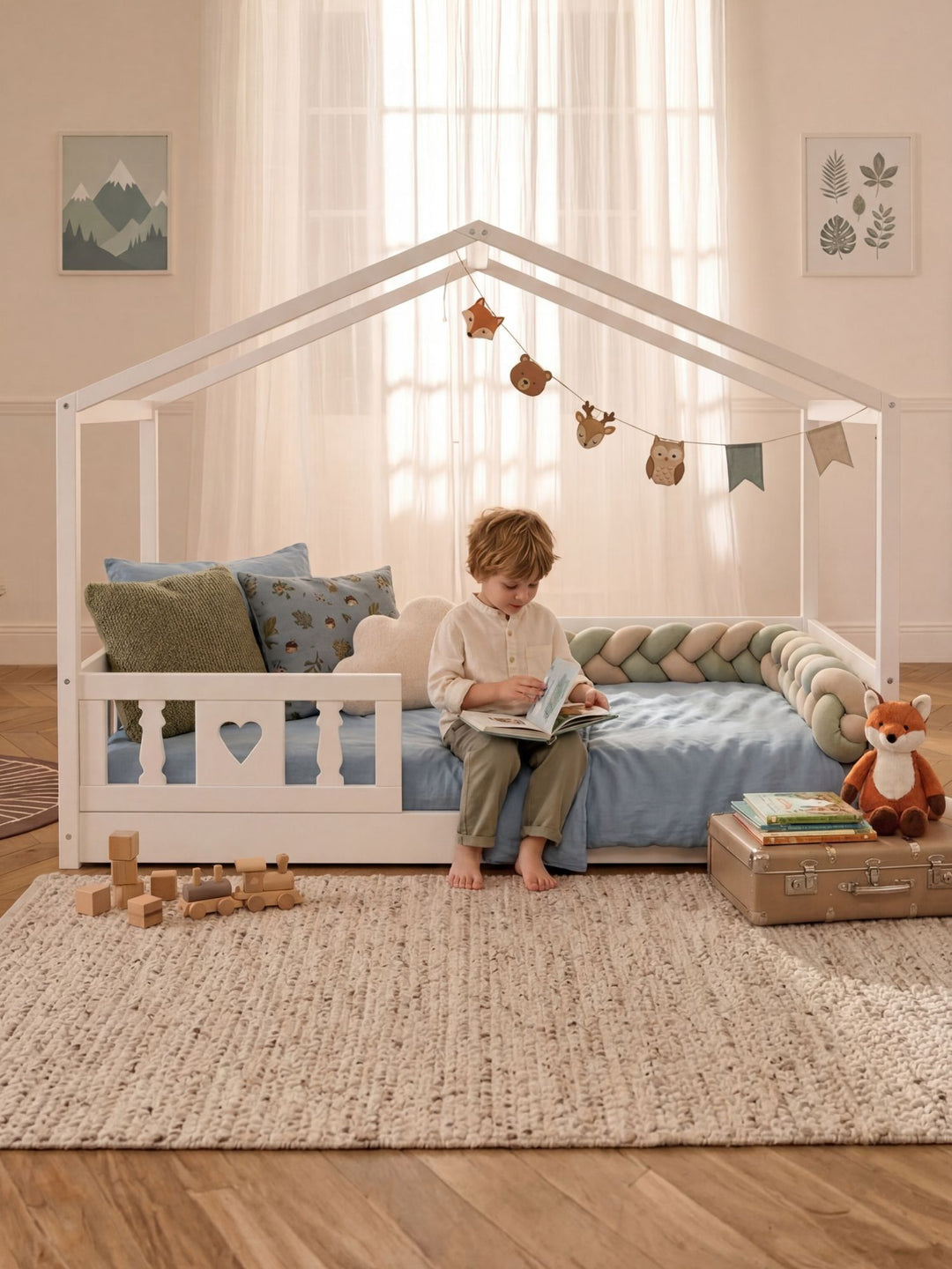 Lit Paris blanc avec sommier tapissier, tête de lit capitonnée, dans une chambre moderne et lumineuse.