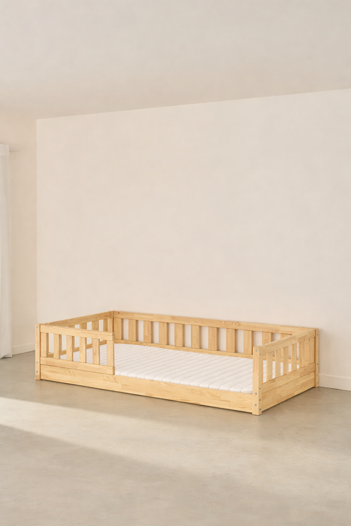 Lit compact Montessori naturel pour enfant avec barrière classique sécurisée.