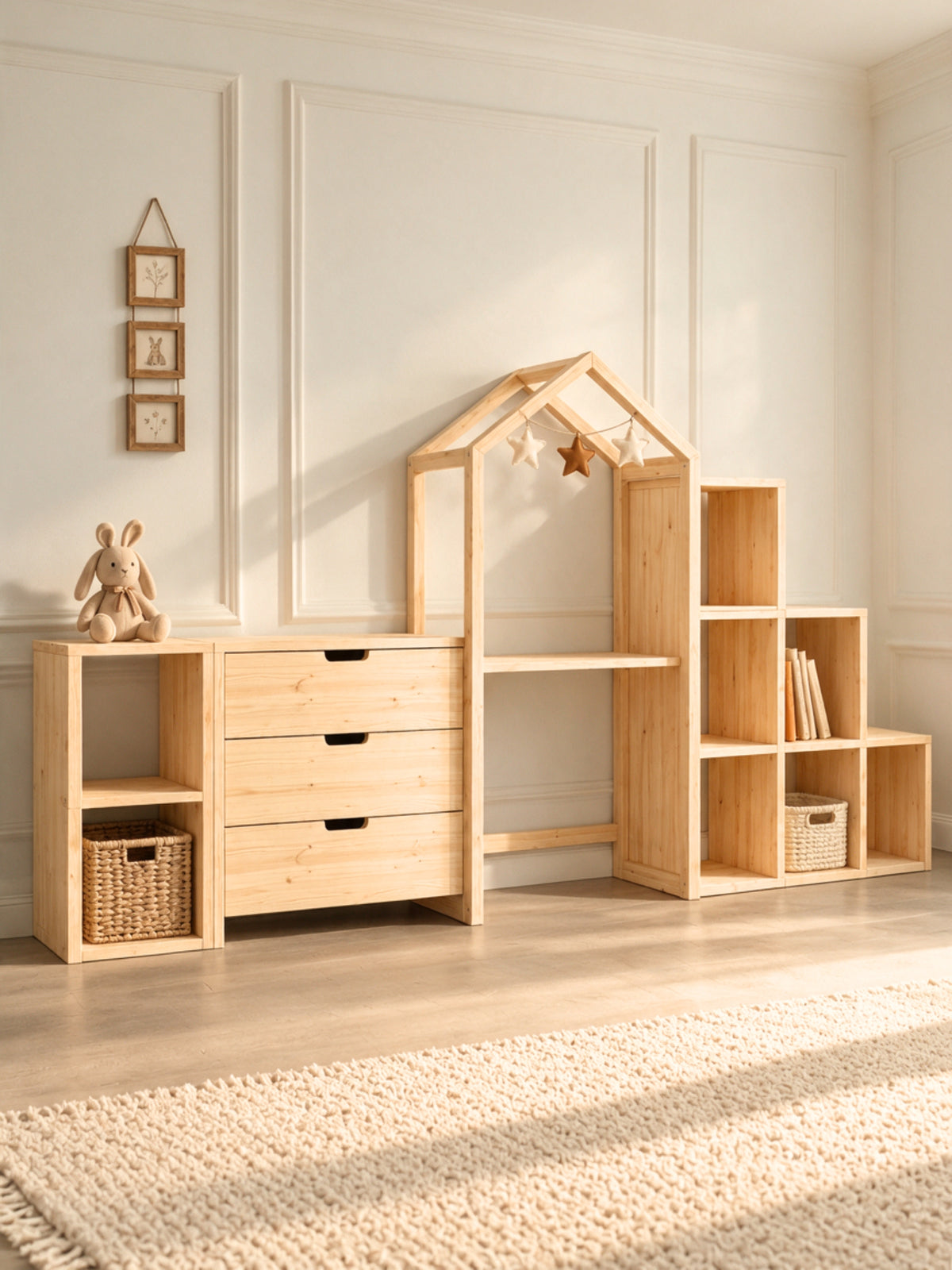 Combo La Grande Maison Cabania : meuble 2 cases, commode 3 tiroirs, structure cabane et bibliothèque escalier en pin massif