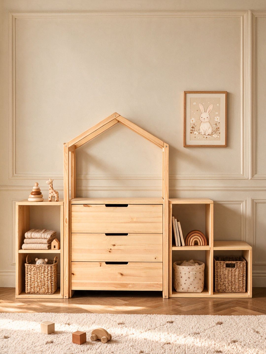 Combo Le Chalet Cabania : commode 3 tiroirs sous la structure cabane, entourée de cases de rangement en pin massif
