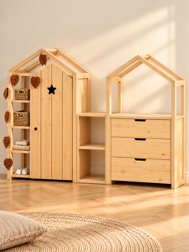 Combo Le Château Cabania : armoire à porte étoile, structure cabane, commode 3 tiroirs et meuble 2 cases en pin massif