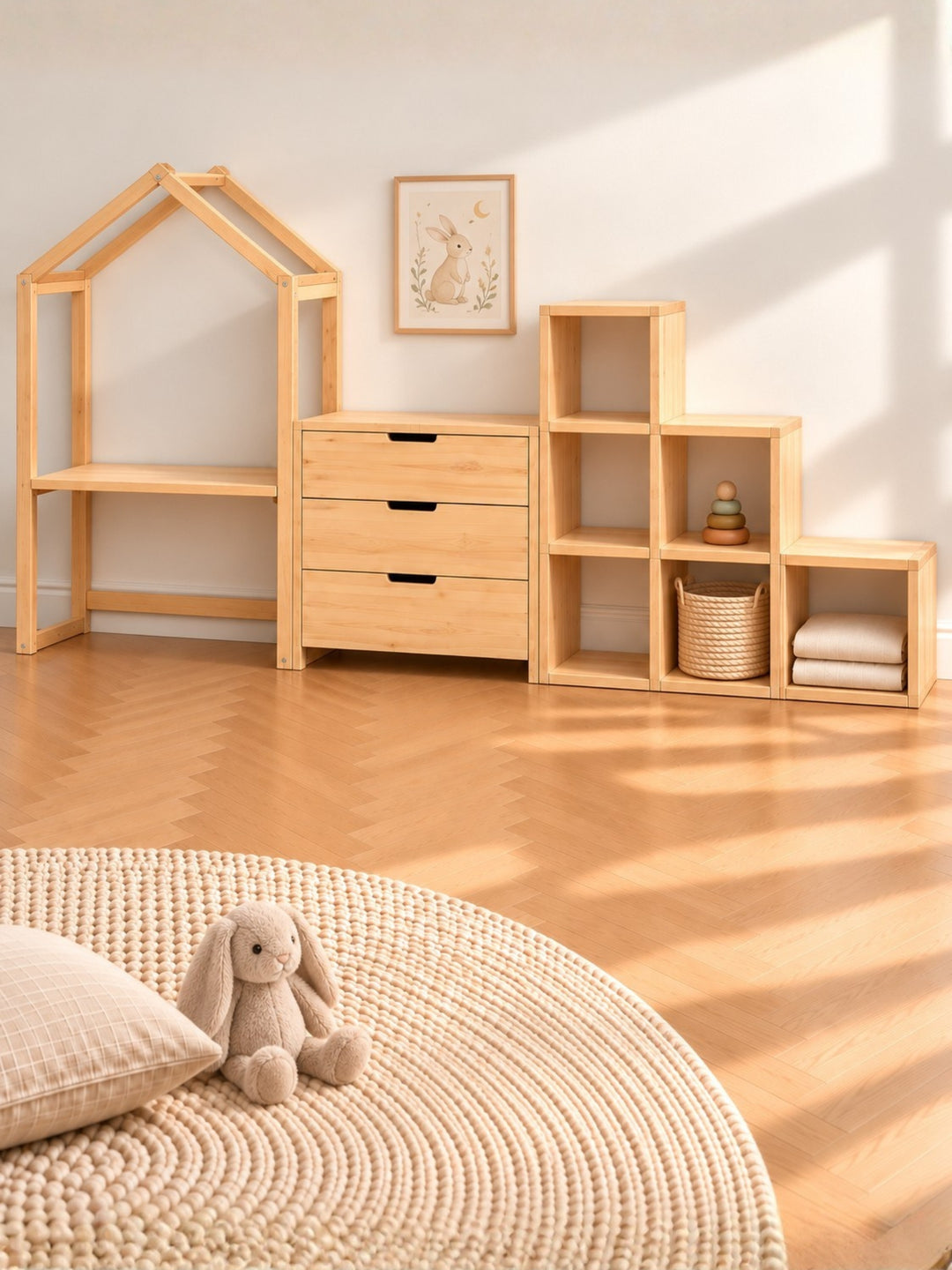 Combo Le Domaine Cabania : structure cabane, commode 3 tiroirs et cases de rangement en pin massif dans une chambre d'enfant