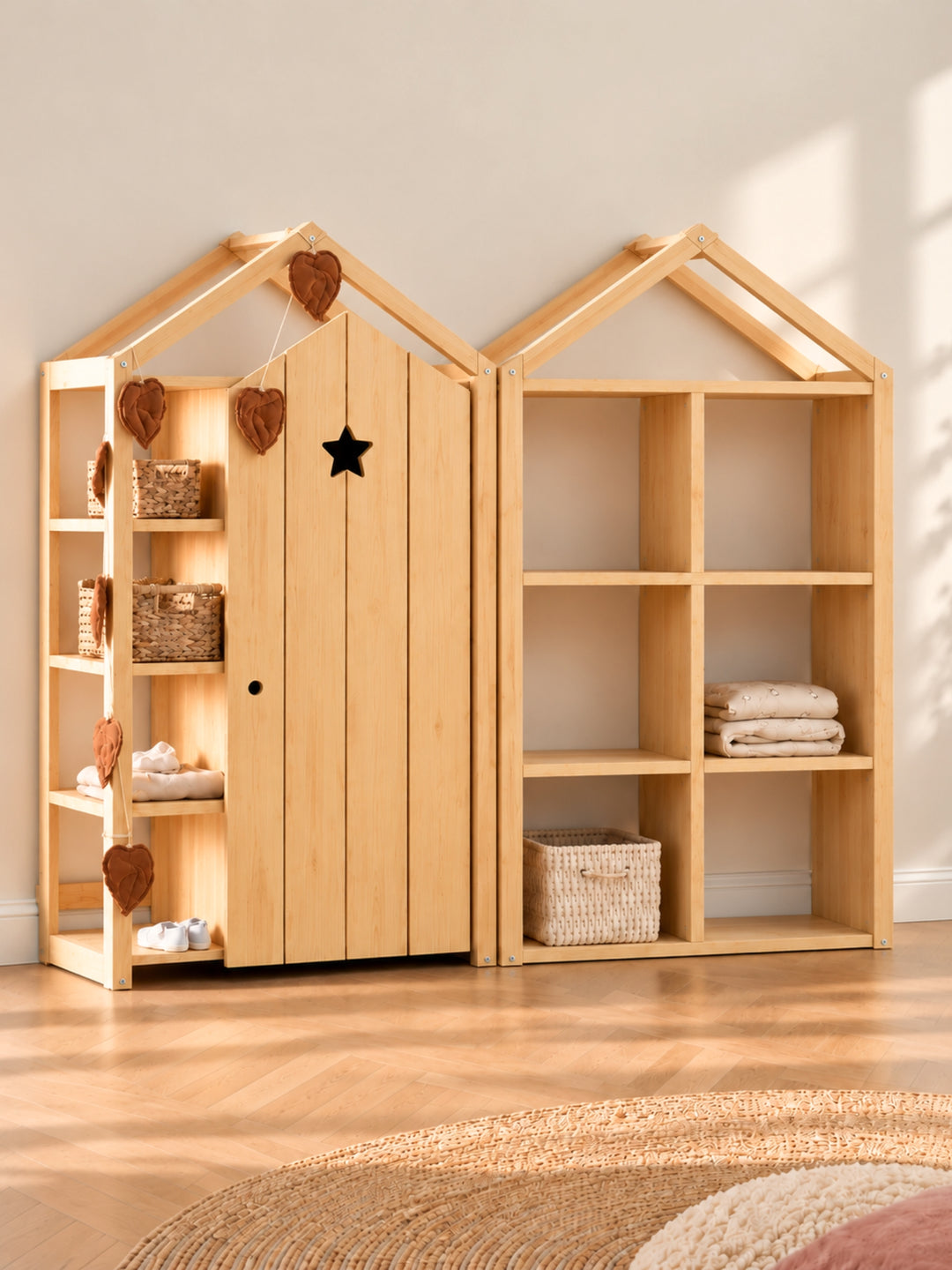 Combo Le Manoir Cabania : armoire à porte étoile et structure cabane remplie de cases de rangement en pin massif