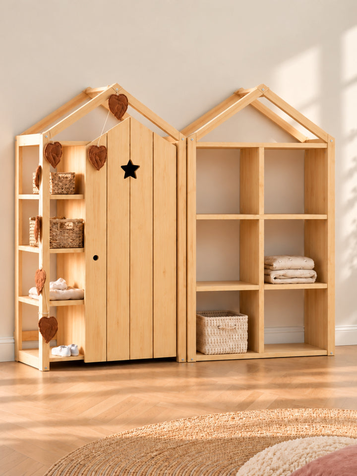 Combo Le Manoir Cabania : armoire à porte étoile et structure cabane remplie de cases de rangement en pin massif