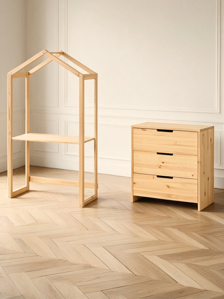 Les deux modules du combo Le Nid Cabania : structure cabane et commode 3 tiroirs