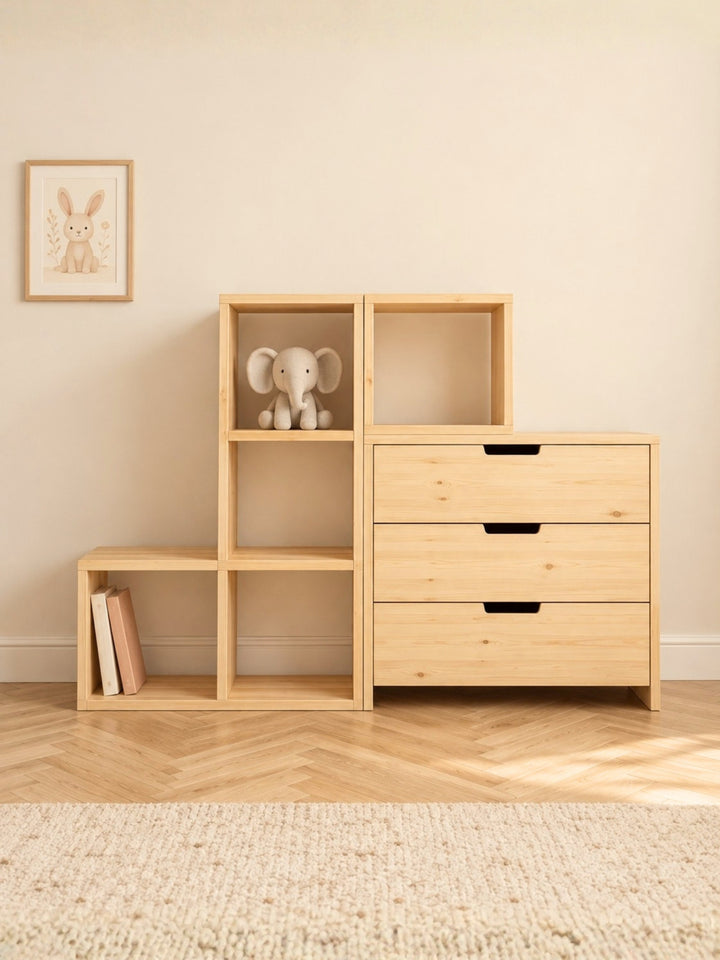 Combo L'Atelier Cabania : étagère escalier, meuble 2 cases et commode 3 tiroirs en pin massif