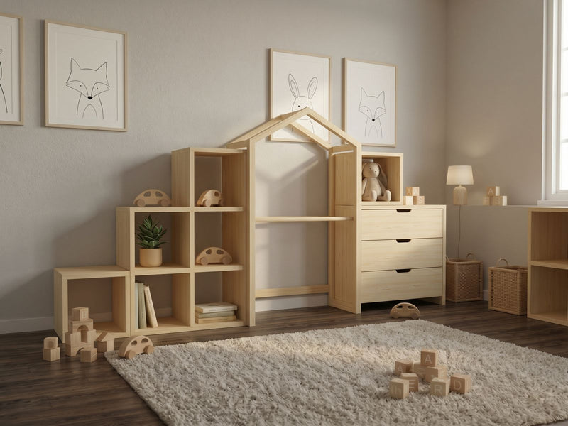 Cases en gradins, maison-bureau et commode trois tiroirs
