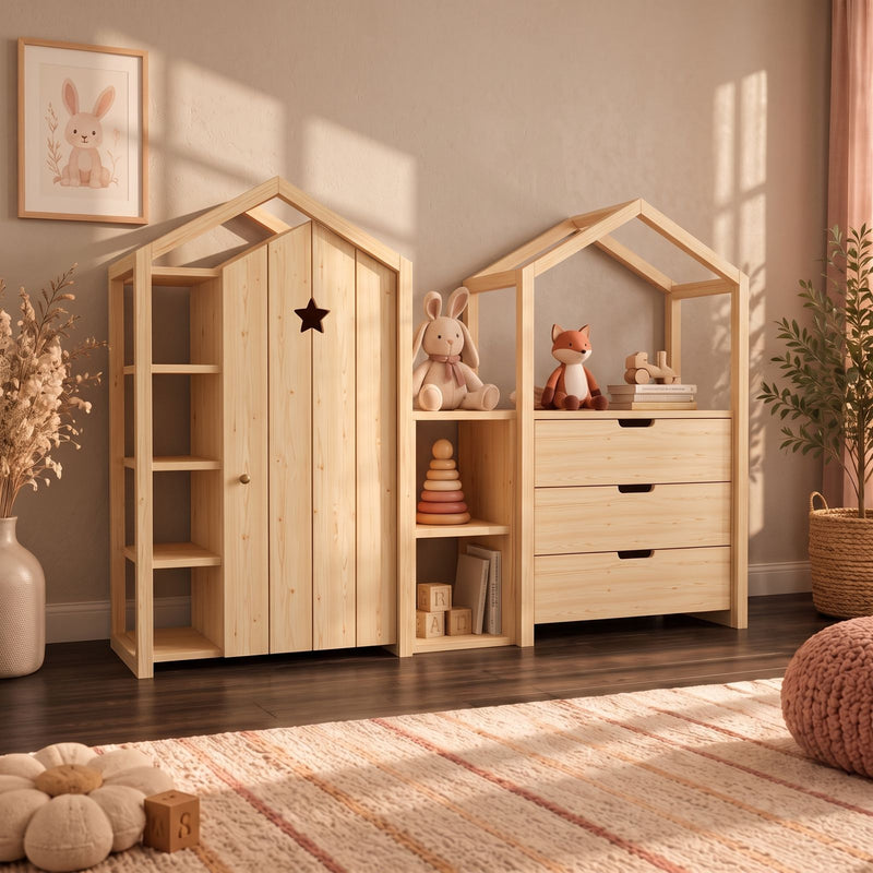 Armoire-maison à étoile, cases et maison abritant une commode