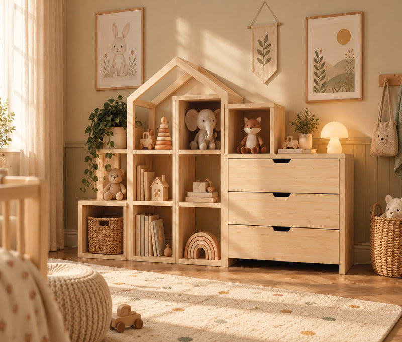 Cube, maison remplie de cases et commode trois tiroirs