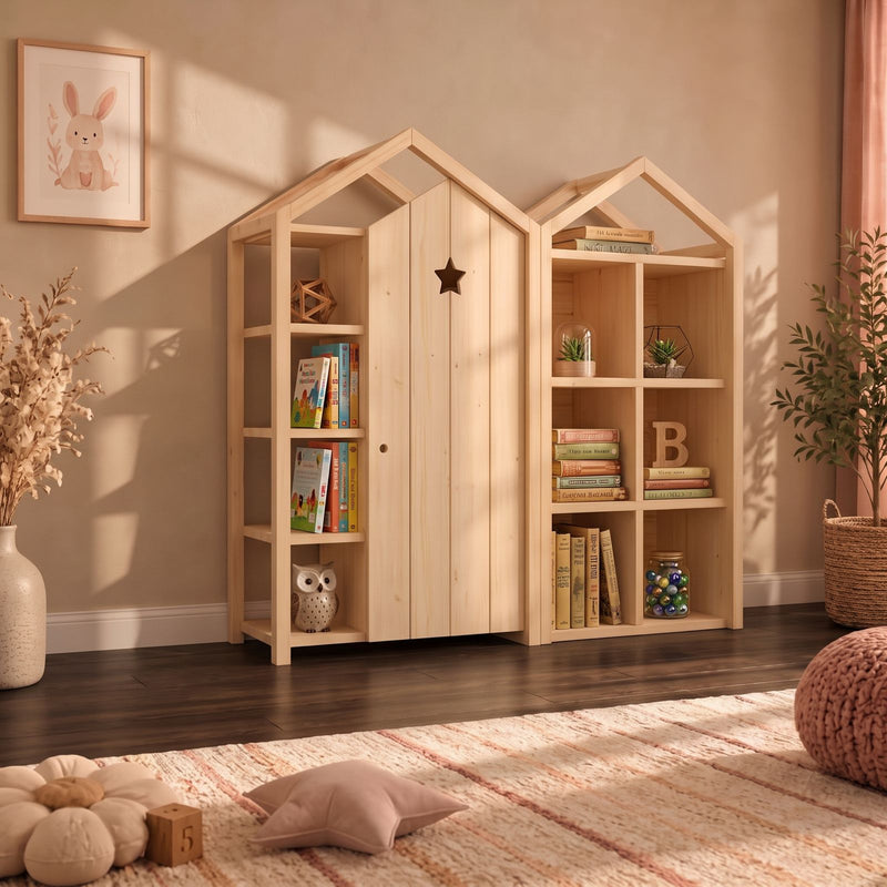 Armoire-maison à étoile à côté d’une maison remplie de cases