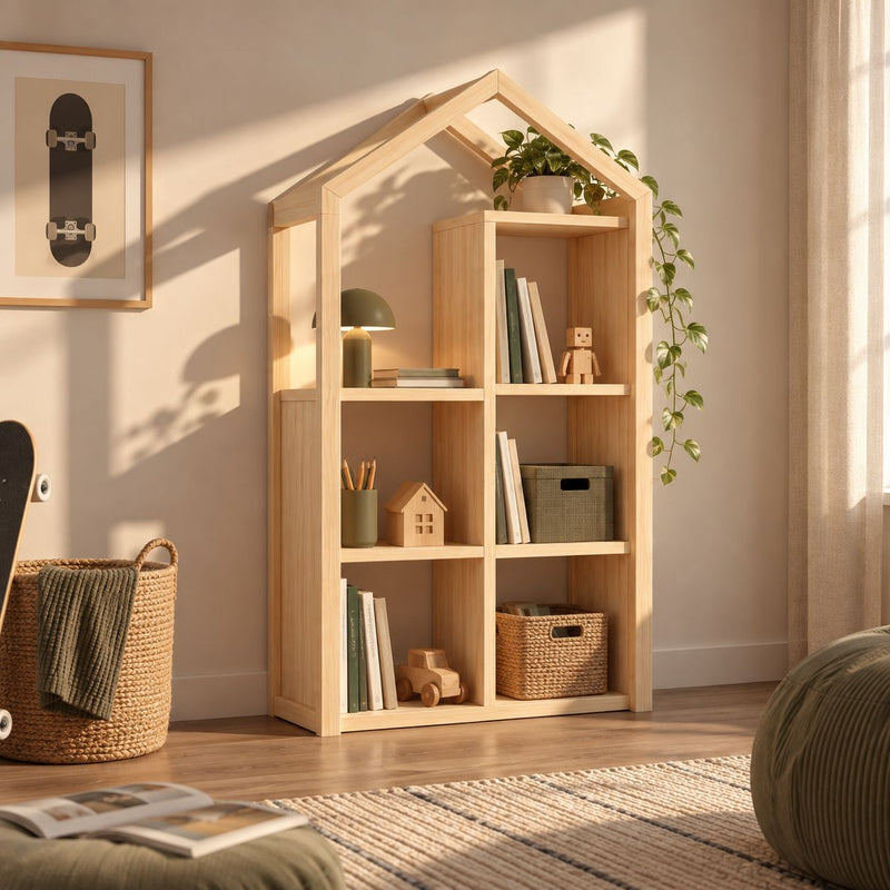 Maison-étagère entièrement remplie de cases et de livres