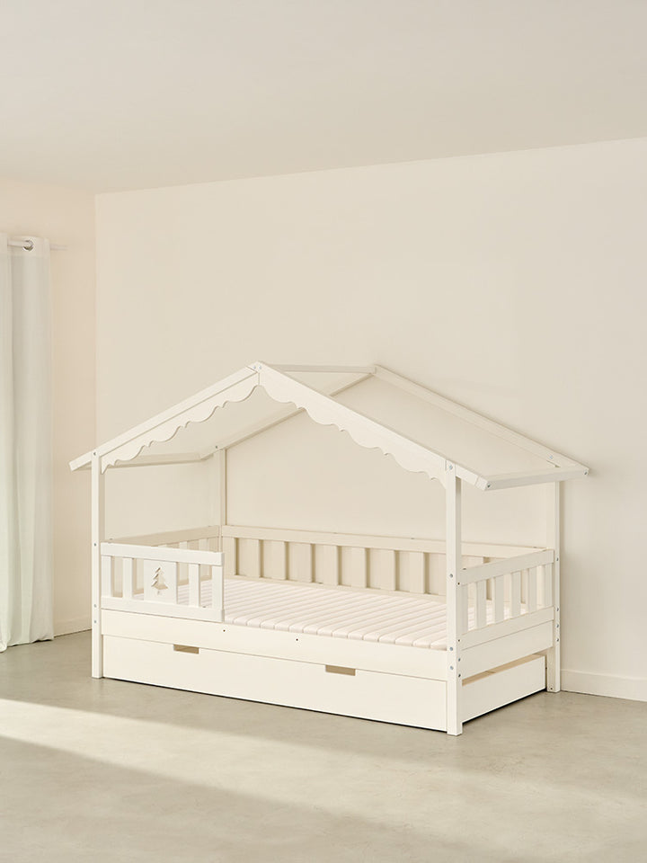 CHAMONIX children's cabin bed white, fir wood, safety rail and integrated storage drawer.