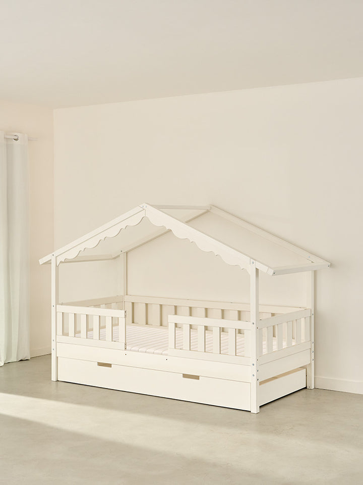 Chamonix white solid wood children's cabin bed , 2 classic rails, integrated storage drawer.