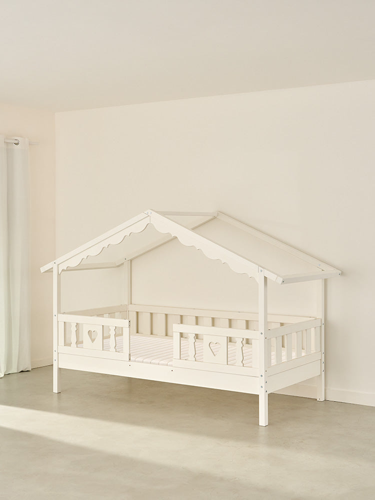 cabin bed CHAMONIX in white wood with 2 heart-shaped safety rails, Scandinavian design