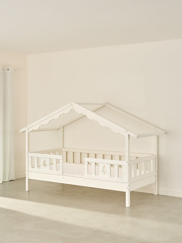 CHAMONIX white wooden cabin bed for 90x190 mattress with fir rails and box spring, ideal for baby/child bedroom.