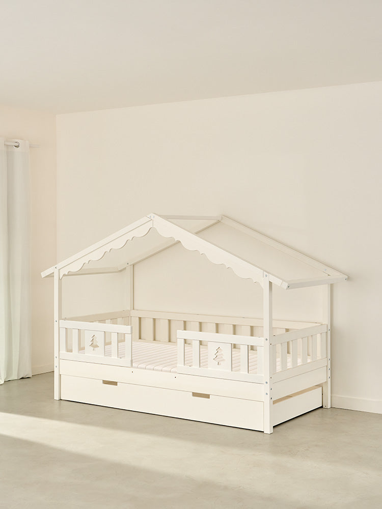 cabin bed CHAMONIX white, fir wood, 2 rails, storage drawer.