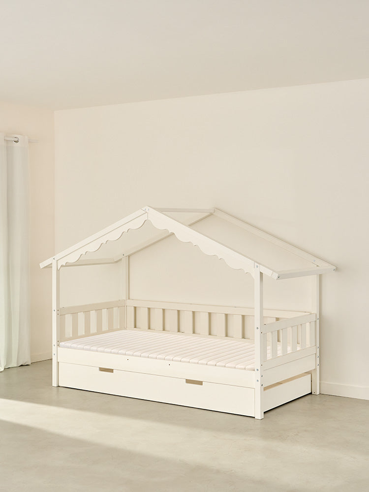 Chamonix white solid wood children's cabin bed with integrated storage drawer.