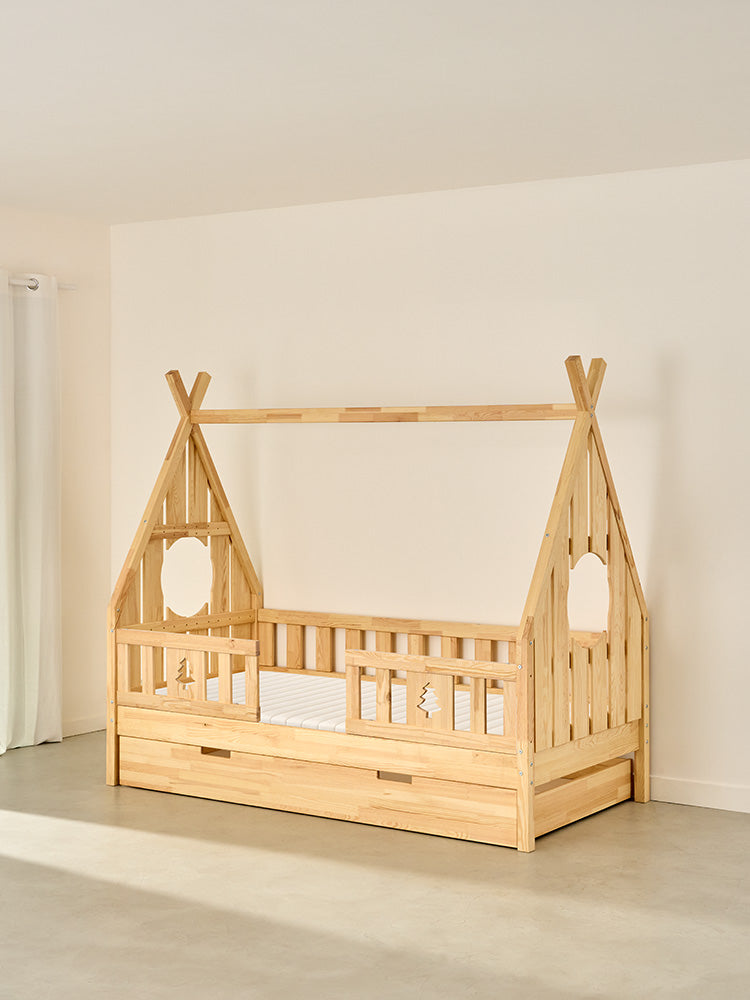 Dakota children's cabin bed in natural wood with 2 rails and drawer, ideal for boy's or girl's bedroom.