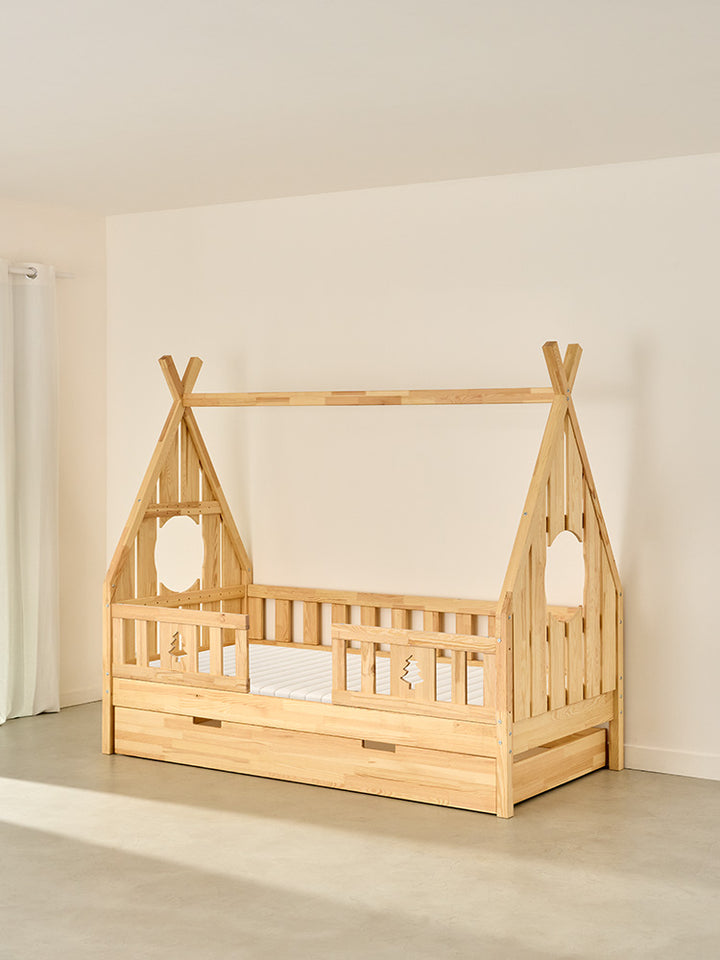 Dakota children's cabin bed in natural wood with 2 rails and drawer, ideal for boy's or girl's bedroom.
