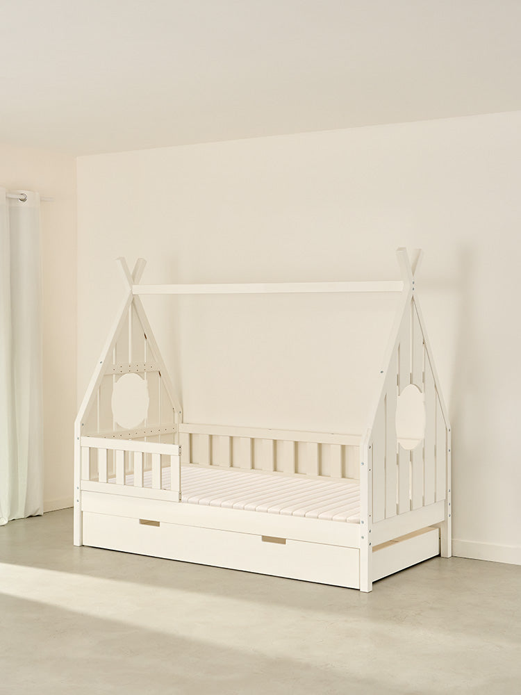 Dakota white solid wood children's cabin bed with storage drawer and classic gate, ideal for girls' or boys' bedroom, Scandinavian Montessori style.