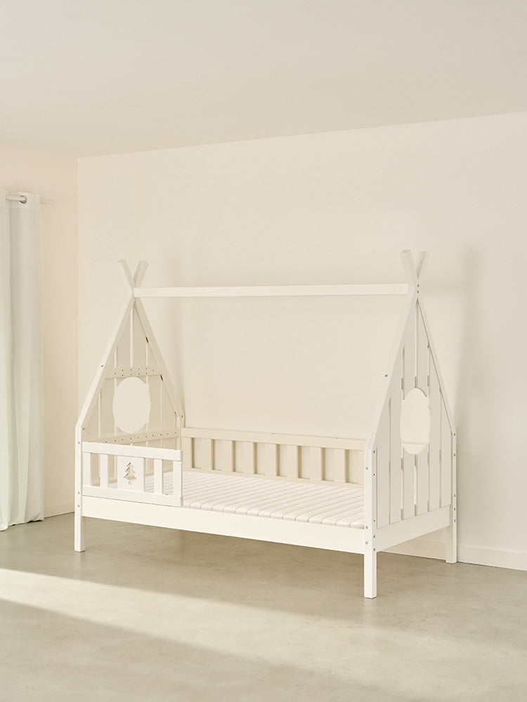 wooden cabin bed DAKOTA WHITE with barrier, ideal for baby's room, natural fir.