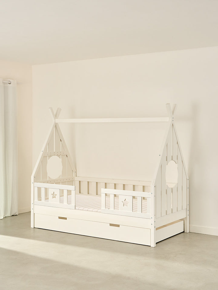 DAKOTA white Montessori cabin bed for children, solid wood, including star rails and storage drawer.
