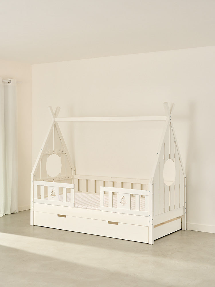 DAKOTA WHITE children's cabin bed with 2 rails, made of fir wood, including storage drawer.